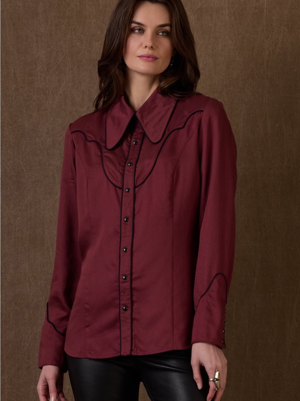 Double D Ranch Wine-Red Western Button Down Shirt with Black Piping